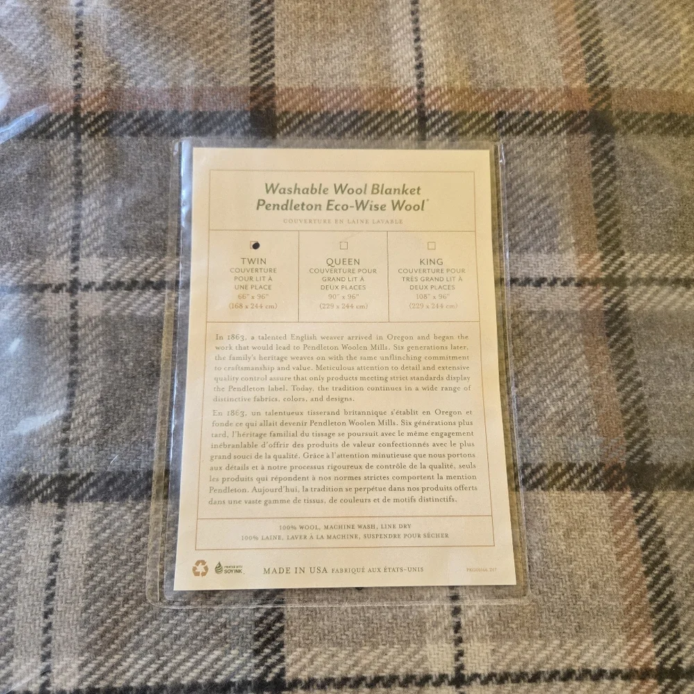 Pendleton Eco-Wise Pearl Plaid Washable 100% Wool Blanket, Twin 66